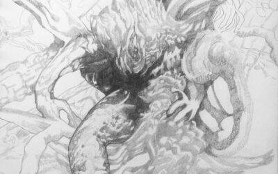 Detail from a drawing of trees. Michael Eden, Warring Entities, 2025